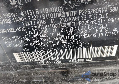 2019 Subaru Crosstrek 2.0I Premium z USA, uszkodzony, nr VIN JF2GTAEC3K8279271